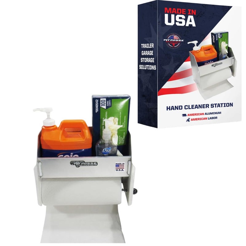 Pit Posse 454 Hand Cleaning Station Cabinet and Paper Towel Holder - Made in USA - Garage Enclosed Race Trailer Automotive Mechanics Shop Storage Organizer Aluminum (Silver) - Image 1